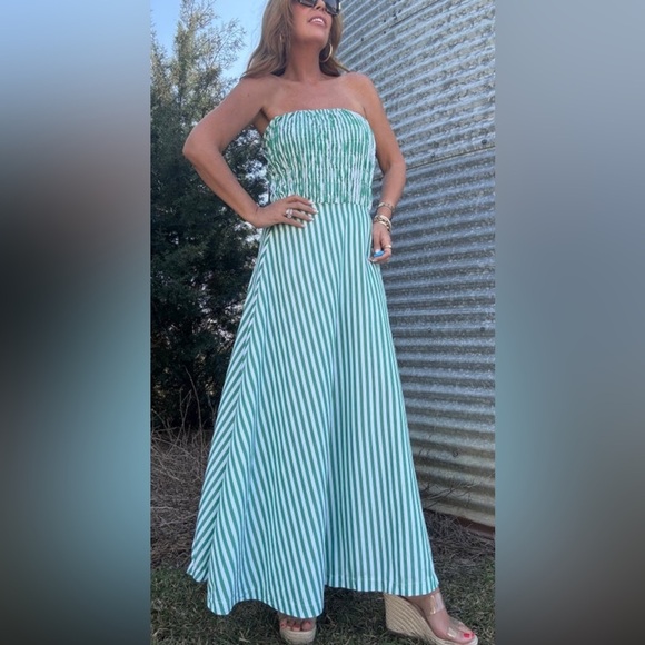 Strapless smocked striped green dress - Picture 8 of 8